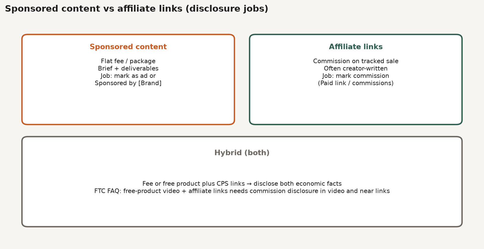 Comparison matrix of sponsored content versus affiliate links on pay model, control, and disclosure job