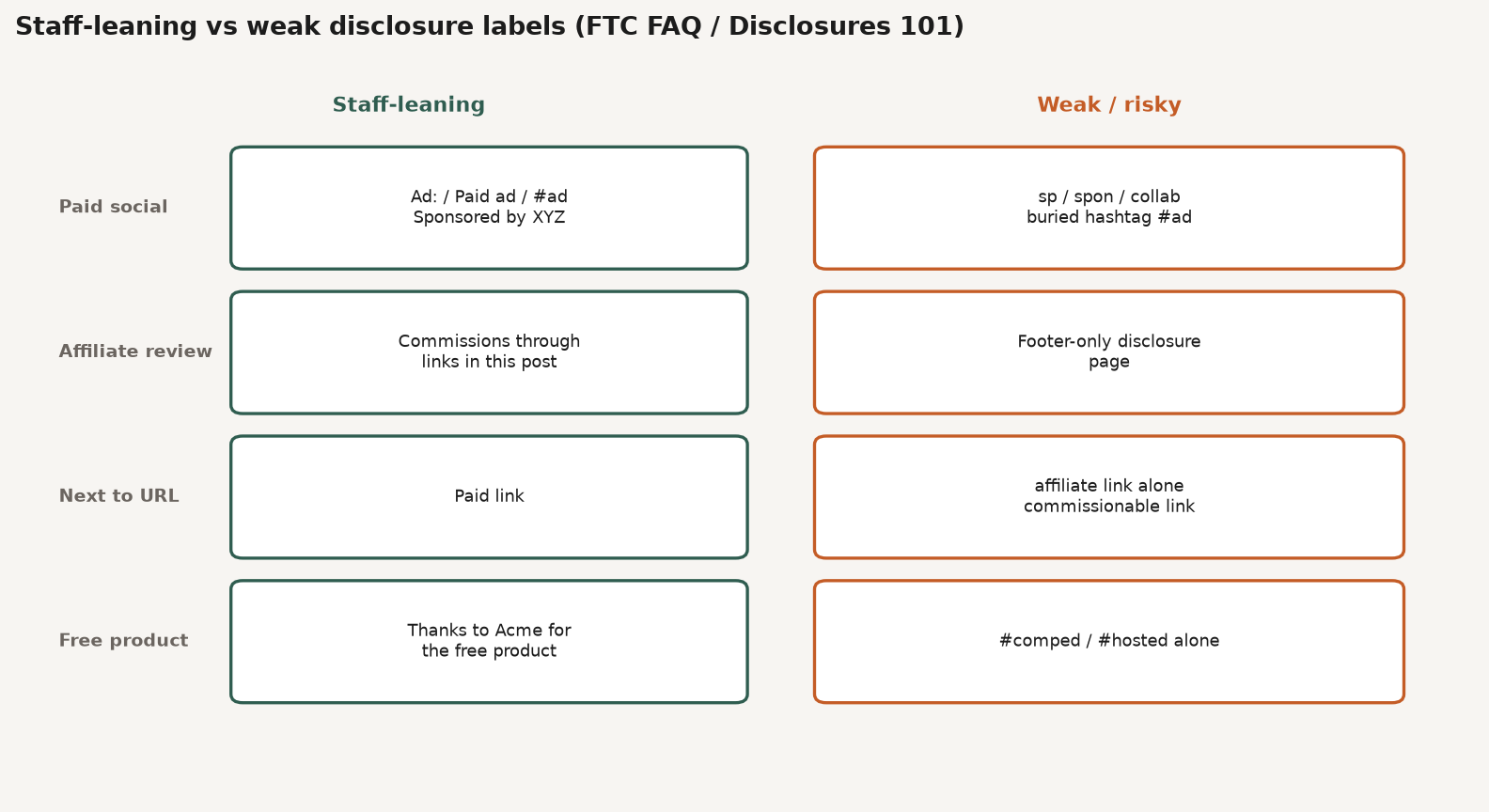 Framework of staff-preferred versus weak disclosure labels for ads and affiliate links